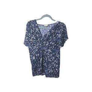 Yvos Womens XL Busty Flattering Top XL Geo Pattern V Neck Comfort Stretch EUC